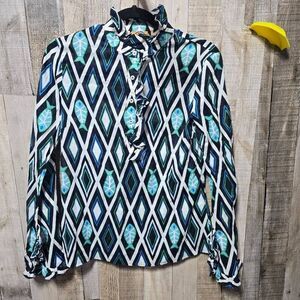Tory Burch Geometric Print Fish Multicolor Ruffle Blouse